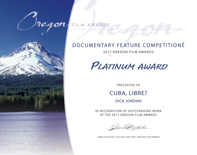Cuba Libre Oregon Film Awards Certificate